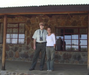 Wayne Clough and Margaret Kinnaird in front of the main building at the Mpala Research Centre. The building was constructed with a grant from the Smithsonian Women's Committee. (Photo courtesy of Wayne Clough)