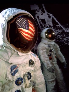 The spacesuits Neil Armstrong and Buzz Aldrin wore in July 1969 as the first humans on the moon are displayed in the Air and Space Museum's "Apollo to the Moon" gallery. (Photo by Eric Long)