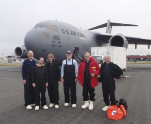 Preparing to depart from New Zealand, from left, Tom Peterson, National Science Foundation; Steve Koonin, Department of Energy; Kristina Johnson, DOE; Wayne Clough; Ardent Bement, NSF; and Karl Erb, NSF. 