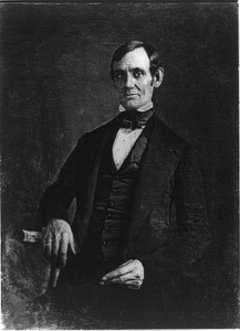 Daguerreotype of Abraham Lincoln, probably in 1846 or 1847, after 1959 cleaning and restoration, copy of retouched print. From the Library of Congress: "Attributed to Nicholas H. Shepherd, based on the recollections of Gibson W. Harris, a law student in Lincoln's office from 1845 to 1847. (Gibson William Harris, "My Recollections of Abraham Lincoln," Women's Home Companion (November 1903), 9-11.) Robert Lincoln, son of the President, thought the photo was made in either St. Louis or Washington during his father's term in Congress."