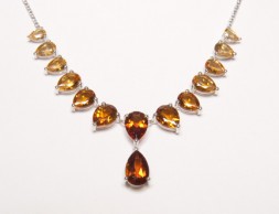 Sterling silver with pear-shaped citrines graduated in color and size, inspired by a tsavorite necklace in the Smithsonian’s National Gem Collection. The necklace shows off the many color shades of citrine and contains 11.15 ct total weight of gems. (Photo courtesy of QVC)