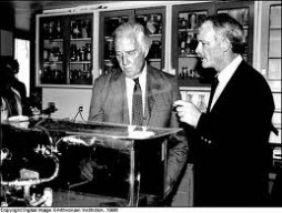 In 1989, Anson Hines (right) of the Smithsonian Environmental Research Center (SERC) showed retired Maryland Sen. Charles McC. Mathias (1922-2010) a research resource for Chesapeake blue crabs, part of the newly opened SERC laboratory named for the senator, an early environmental champion.