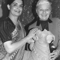 Manjula Kumar (l., translator for the exhibit, and later Smithsonian Institution employee in the National Museum of Natural History Education Office) and Sarah Stromayer (volunteer coordinator for the exhibit),