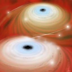 In this artist's conception, two black holes are about to merge. When they combine, gravitational wave radiation will "kick" the black hole like a rocket engine, sending it rampaging through nearby stars.  Credit: David A. Aguilar (CfA)