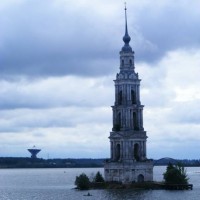 Kalyazin on the Volga river. The area was flooded to create the canal system as the belfry of this 1654 church attests.1654 church