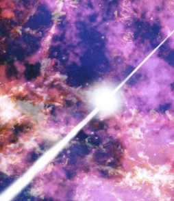 This artist's conception shows the Crab Nebula pulsar, which astronomers discovered to be sending out pulses of gamma rays with energies exceeding 100 billion electron-volts (100 GeV). A pulsar is a spinning neutron star - the collapsed core of a massive star that exploded as a supernova. Credit: David A. Aguilar (CfA)