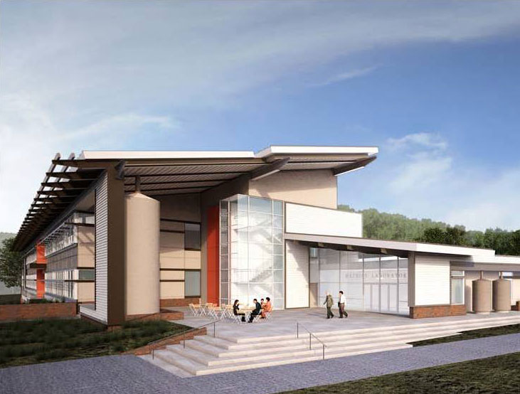 SERC---Architect's-image-of Architect's image of new Mathias Lab at the Smithsonian Environmental Research Center, complete with rain cistern on porch and wetlands to the left. (Image courtesy Ewing Cole)