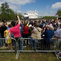 Space shuttle Discovery is rolled toward the transfer ceremony at the Steven F. Udvar-Hazy Center Thursday, April 19, 2012 in Chantilly, Va. Discovery will be permanently housed at the Udvar-Hazy Center, part of the Smithsonian Institution’s Air and Space Museum. (Photo by NASA/Carla Cioffi)