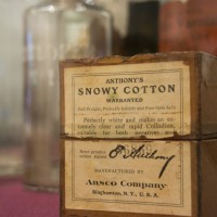 A box of gun cotton (cotton treated with nitric acid) carrying the brand name "Anthony's Snowy Cotton," a photo processing supply that a Civil War-era photographer might use in the field to create collodion photographs. (Photo by Brian Ireley)