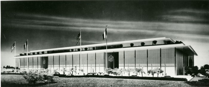 Model of the exterior of the John F. Kennedy Center for the Performing Arts. The Center is located on the Potomac River and opened in 1971.