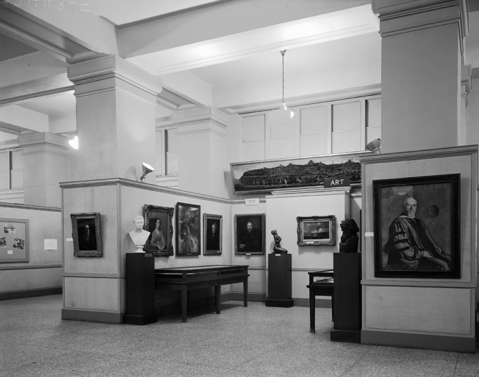 National Collection of Fine Arts, now the Smithsonian American Art Museum, exhibition alcove at the Natural History Building. The portrait at right is William Healey Dall by Wilford Seymour Carow, lent by the Cosmos Club. 