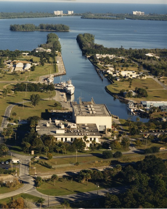 Aerial view of the Ft. Pierce Marine Station in Florida, ca. 1995. The overall mission of the Smithsonian Marine Station at Fort Pierce is support and conduct of scholarly research in the marine sciences, including collection, documentation and preservation of south Florida's marine biodiversity and ecosystems, as well as education, training, and public service.