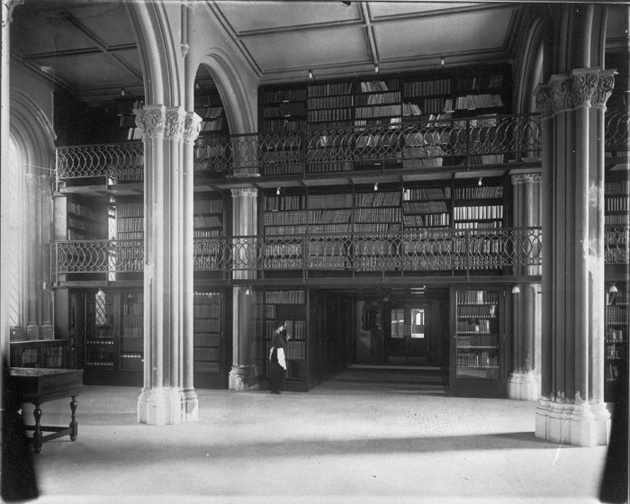 The Library at the east end of Lower Main Hall, now called the Great Hall, of the Smithsonian Institution Building (the "Castle.")