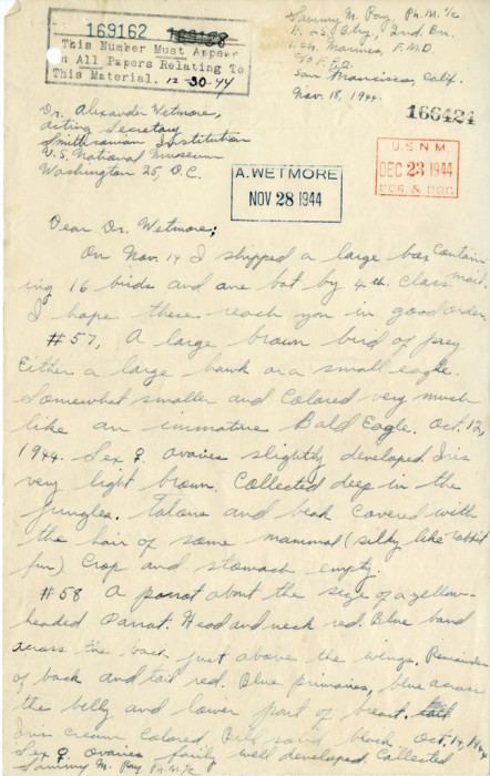 A letter to Alexander Wetmore from Sammy Ray, November 18, 1944
