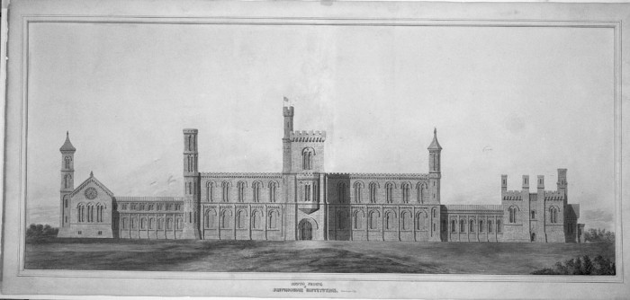 Smithsonian Building, designed by James Renwick, Jr., architect, south facade, color rendering (watercolor on paper) painted by Louis Townsend and drawn by H. C. Moore, June 1848