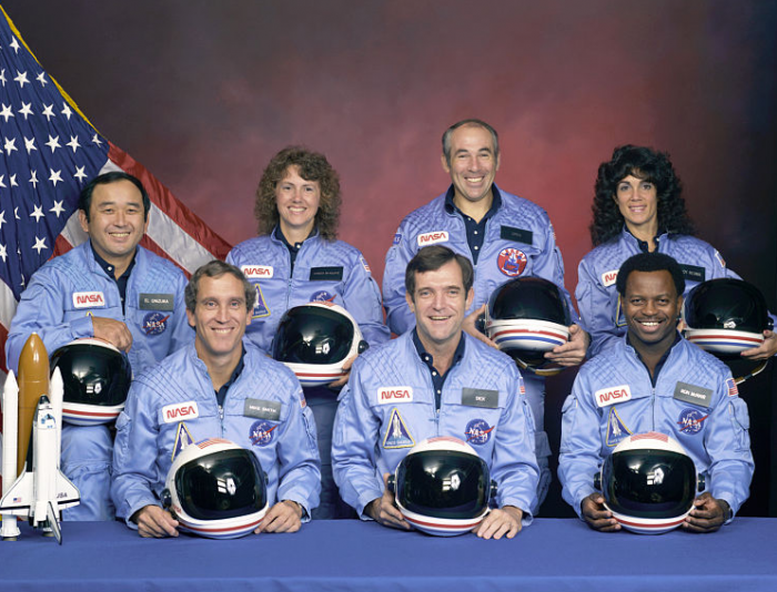 Space shuttle Challenger crew: STS-51-L crew: (front row) Pilot Michael J. Smith; Mission Commander Francis R. (Dick) Scobee; Mission Specialist Ronald McNair; (back row) Mission Specialist Ellison Onizuka; Payload Specialist Christa McAuliffe;Payload Specialist Gregory Jarvis; Mission Specialist Judith Resnik.