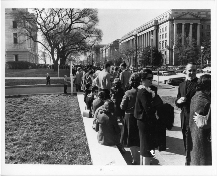 Visitors line up along Constitution Avenue to see the "Dead Sea Scrolls" exhibit, part of the National Collection of Fine Arts, now the Smithsonian American Art Museum, in the foyer of the National Museum of Natural History, March 1965.