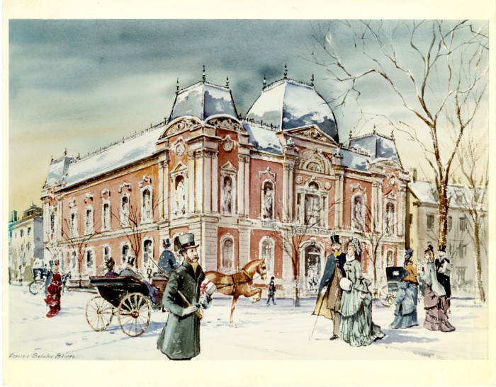 The original Corcoran Gallery of Art building on Pennsylvania Avenue was acquired by the Smithsonian Institution in 1972 and became the Renwick Gallery, part of the Smithsonian American Art Museum. This painting by Frederic Schuler Briggs, ca. 1870, shows the entire west and south facades arrayed with statuary. A portion of Blair House is also visible. Via Smithsonian Institution Archives