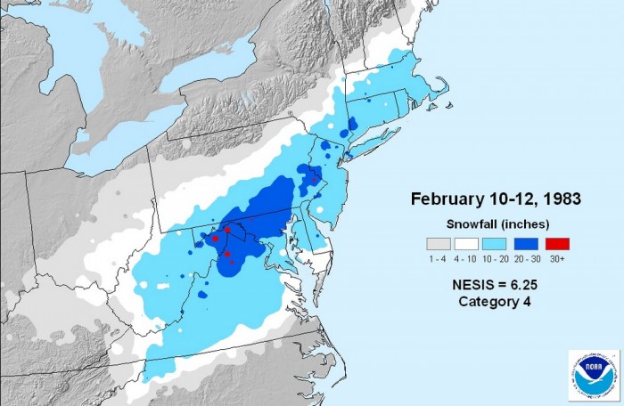 The snowfall plot and Northeast Snowfall Impact Scale (NESIS) value for the Blizzard of 1983. (Via the National Oceanic and Atmospheric Administration)