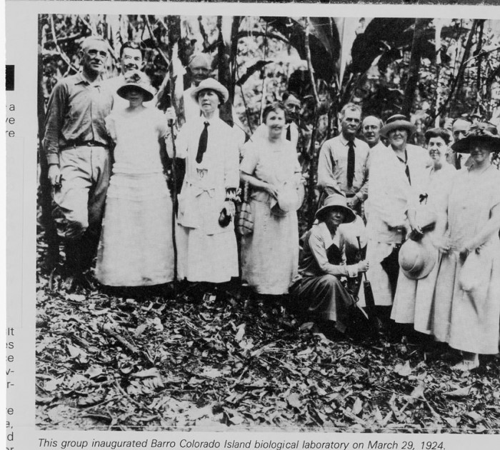 This first group of scientists and guests visit the nature preserve and biological laboratory established on Barro Colorado Island on March 29, 1924.