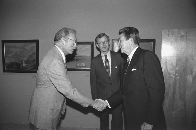 President Ronald Reagan meets with Harry Lowe, Acting Director, National Museum of American Art, now the Smithsonian American Art Museum, and John F. Jameson, Assistant Secretary for Administration while at the NMAA exhibition, "George Catlin: The Artist and the American Indian." (Photo by Kim Nielsen, as featured in The Torch, September, 1981)