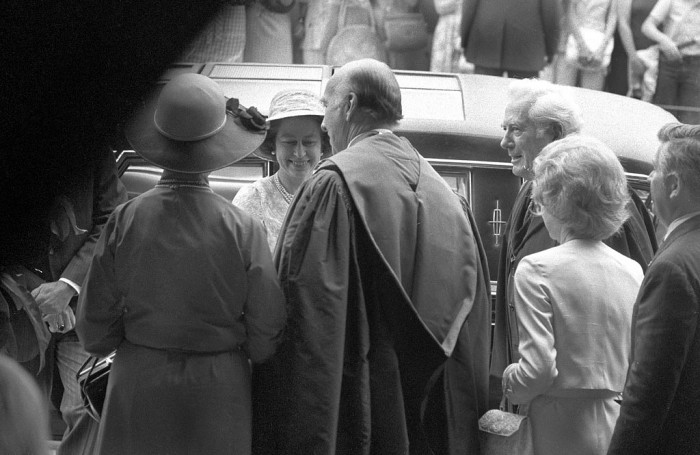 During her visit to the United States to commemorate the Bicentennial of the American Revolution, Queen Elizabeth II is greeted by Smithsonian Secretary S. Dillon Ripley (1964-1984) and Mrs. Mary L. Ripley and Chief Justice and Mrs. Burger, 8 July 1976. (Photographer unknown, as featured in the Torch, August 1976)