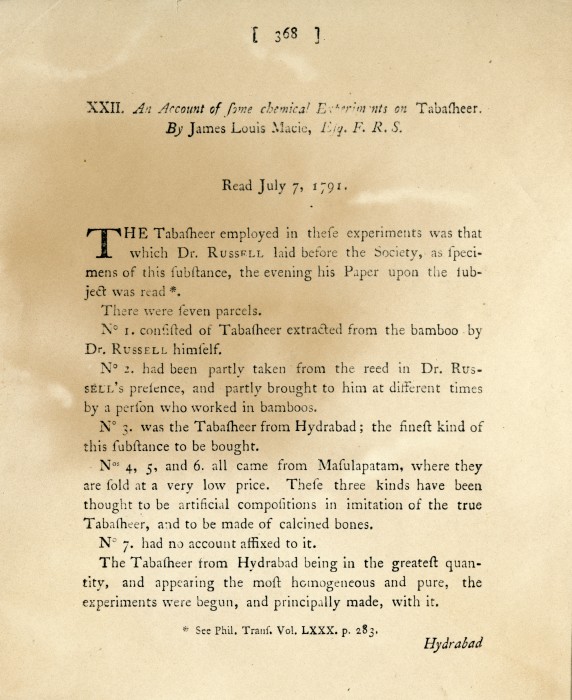 Page one of James Smithson's first scientific paper, "An Account of some chemical Experiments on Tabasheer," read to the Royal Society of London on 7 July 1791. James Smithson read the paper under the name of James Louis Macie, the name he used until c. 1800.