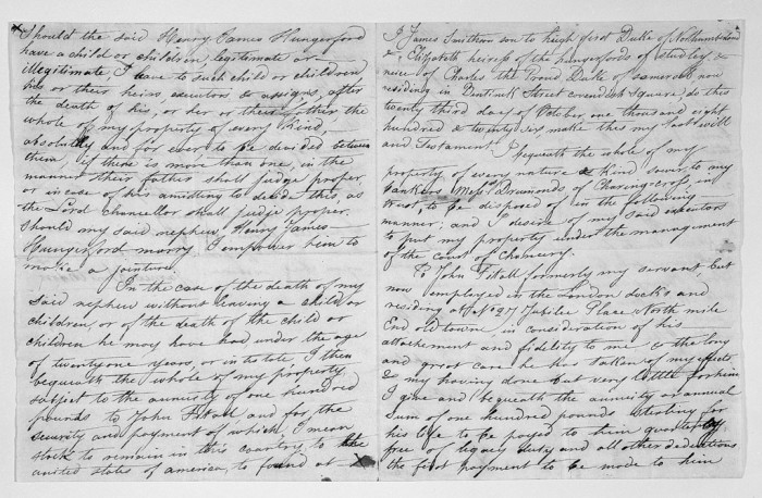 Full text of the two page, double-sided handwritten draft of James Smithson's will, believed to be in his own handwriting, in which he specifies his bequest to the United States. This handwritten draft of Smithson's will was acquired by the Smithsonian Institution in 1878 from George Henry de la Batut of France.