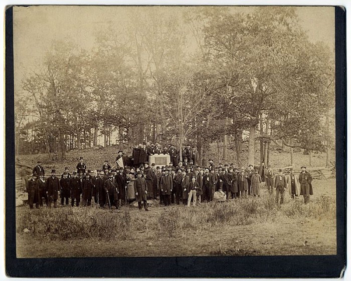 Dedication of a monument on the battlefield at Gettysburg, ca. 1880s. The men gathered around this unidentified monument are probably veterans of the fight. If you can identify this monument, let us know in the comments!