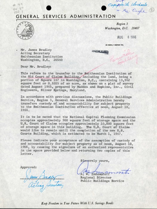 A letter from A. W. Innamorati, Regional Director of the Public Buildings Service of the General Services Administration, to James Bradley, Acting Secretary of the Smithsonian Institution, acknowledging the transfer of the U.S. Court of Claims Building, now the Renwick Gallery, to Smithsonian custody