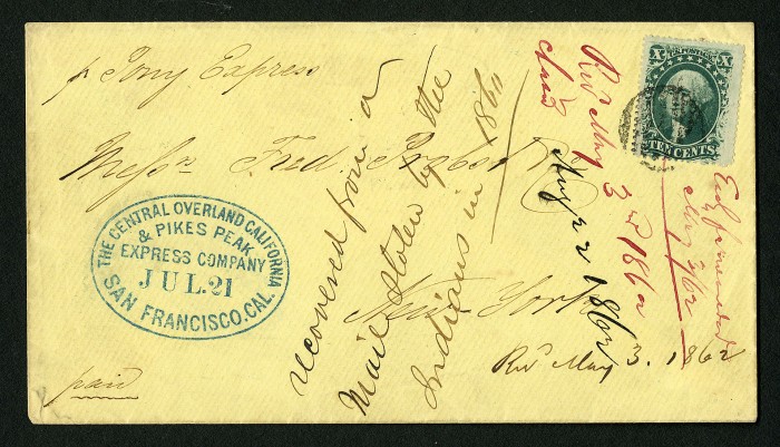 10c Washington on Pony Express cover, 1860. Loan from William H. Gross. A Pony Express rider carried this cover, considered one of the most historically significant in U.S. postal history. Notice the notation on the front: “recovered from a mail stolen by the Indians in 1860.”