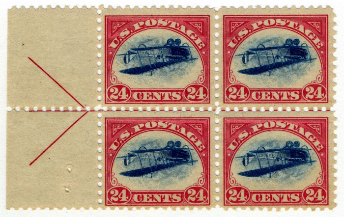 24c Curtiss Jenny inverted block of four, 1918. Loan from William H. Gross. This upside-down blue plane within a red frame is the most famous U.S. stamp and one of the world’s most famous printing errors. Only one misprinted sheet of 100 stamps was sold.