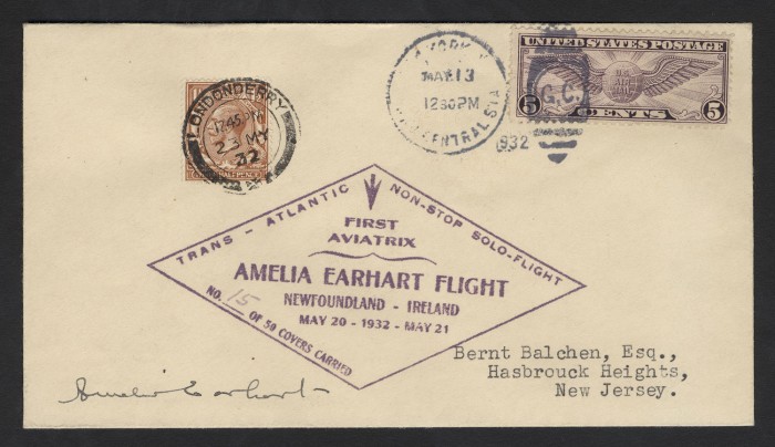 Amelia Earhart solo transatlantic flight cover, May 20, 1932. On her historic solo flight across the Atlantic, Earhart carried 50 pieces of unofficial mail—each postmarked before and after landing, cacheted, numbered, and autographed to document the record-setting event.