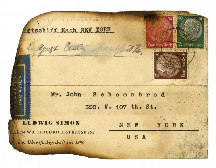 Hindenburg disaster card, May 6, 1937. This piece of mail was  salvaged from the wreckage of the airship Hindenburg. The burnt card reached its address in a glassine envelope with an official seal. At least 360 of the more than 17,000 pieces of mail on board the airship survived the disastrous fire.