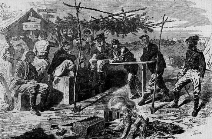 "Thanksgiving in Camp," a wood engraving drawn by Winslow Homer and published in Harper's Weekly, November 29, 1862.
