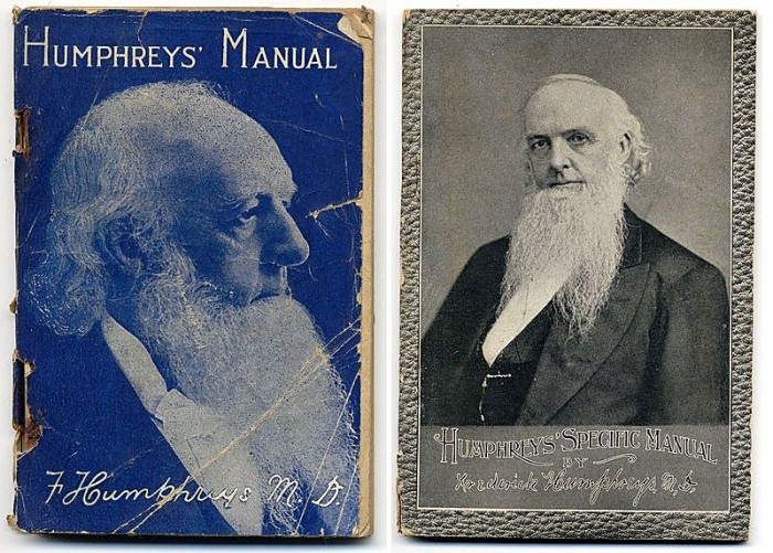 Humphreys' distinctive beard, in the popular style of the era, was good advertising copy for the products his company produced. Here, we see his image on two of his publications, both homeopathy manuals.