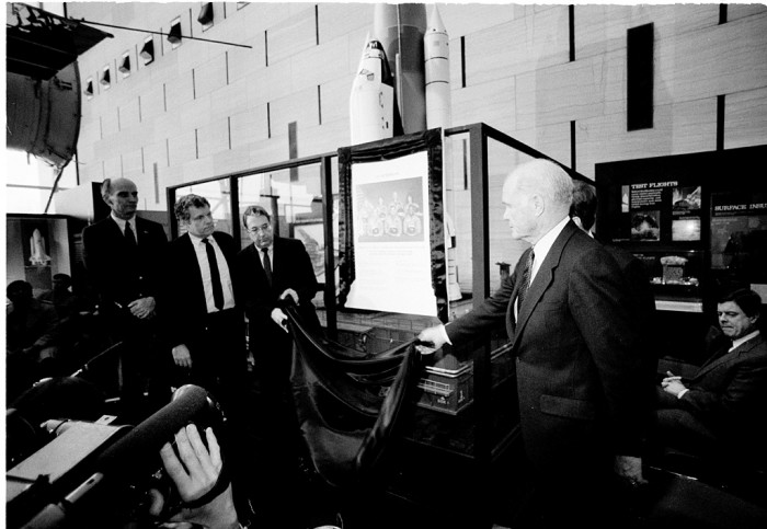 AT the unveiling of a memorial plaque at the Air and Space Museum dedicated to the Space Shuttle Challenger astronauts, are (from left) Sen. Jake Garn; Secretary of Education William Bennett; National Air and Space Museum Director Walter J. Boyne; and Sen. John Glenn. (Photo by Dale Hrbak, as featured in the Torch, March 1986)