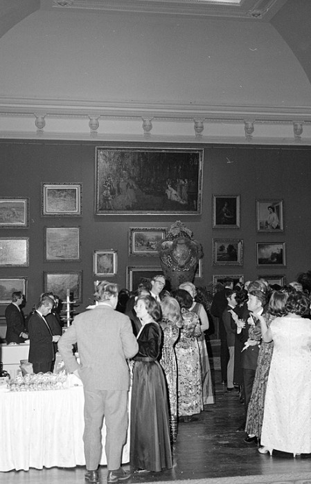 People gathered in the Grand Salon at the opening of new Renwick Gallery on January 27,1972. The paintings displayed are the same as those exhibited a century ago when the building served as the original Corcoran Gallery of Art. (Photographer unknown, as featured in the Torch, March 1972)