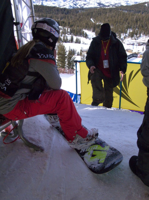 Hannah Teter waiting at the starting gate before her silver medal run on the halfpipe at the 2010 Vancouver Games. Image credit: Susie Flores. 