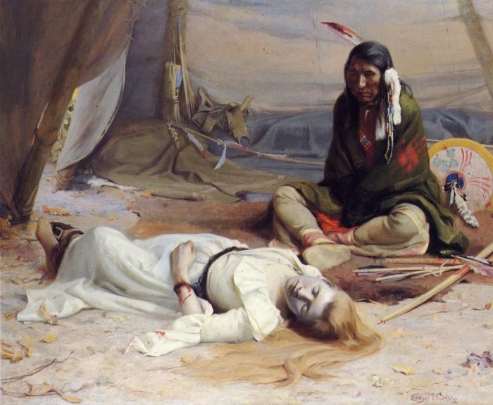 A famous and controversial painting, for its sexual implications (rather strong for the art of the period), stereotyping of Native Americans, and (conversely) "noble savage" romanticization of them. Backstory, as provided by Robfergusonjr (talk · contribs): In 1838, Dr. Marcus Whitman and his wife came to the Oregon Territory to establish a mission to the Cayuse Indians under the sponsorship of the New England Mission Board. In time, immigrants also came to the area and settled around the Whitman mission. All went well until there was an epidemic of measles. The Indians were stricken by the disease and, though treated by the Whitmans, were not able to respond so well to medical treatment. Angry and terrified, they accused Dr. Whitman of deliberately poisoning them to get their land. In late November of 1847, they attacked the mission and murdered most of the staff, including Dr. Whitman and his wife. A number of others were taken captive, among them Lorinda Bewly, a seventeen-year-old teacher at the mission, who was spared from death by a Cayuse chief named Five Crows. When he saw her, he decided that he would enjoy the novelty of a white woman for a wife. Needless to say, this did not meet with a favorable response from the captured girl. Couse's painting shows us a dramatic scene – Lorinda is lying on the floor of the chief's teepee, unconscious, with bloody bonds testifying to a terrified but courageous struggle. Five Crows is seated on the floor, staring at her and unable to fathom her behavior, her aversion to him. Couse has shown us two cultures in tragic juxtaposition, and we are able perhaps to have an understanding of each.