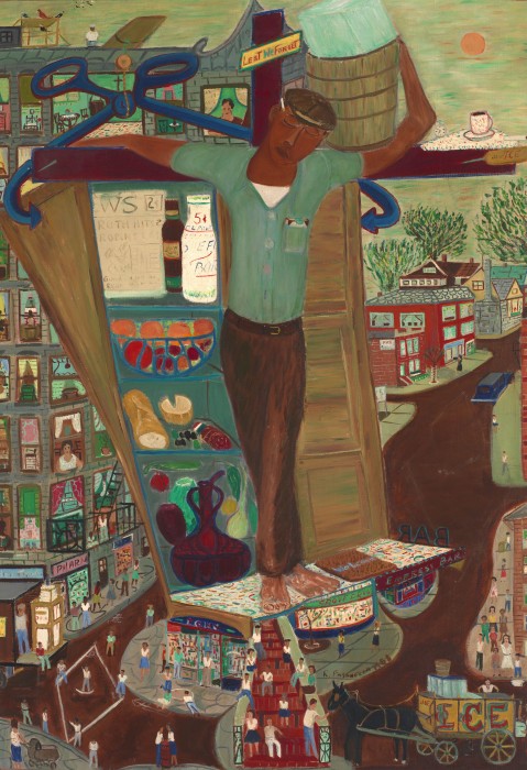 Ralph Fasanella, Iceman Crucified #4, 1958, oil on canvas, Smithsonian American Art Museum, Gift of the Estate of Ralph Fasanella. © 1958, Estate of Ralph Fasanella