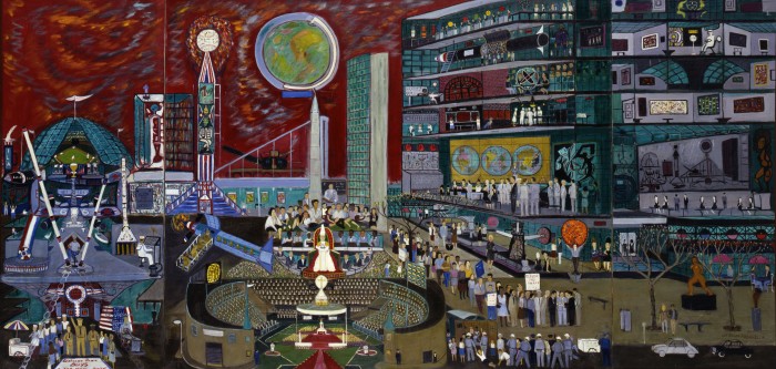 Ralph Fasanella, Modern Times, 1966, oil on canvas, Smithsonian American Art Museum, Gift of Maurice and Margo Cohen, Birmingham, MI. © 1966, Estate of Ralph Fasanella