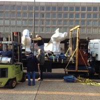 The shrink-wrapped sculptures from The Lost Bird Project arrive at the Enid A. Haupt Garden the morning of March 27. (Photo by Jessica Sadeq)