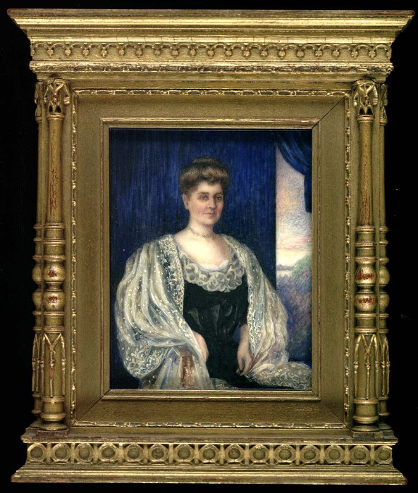 Portrait of Louisa Catherine Adams Clement ca. 1910 by Mary Louisa Adams Clement (Born: Newbury, Massachusetts 1882, died: Warrenton, Virginia 1950.) This is a portrait of the artist’s mother, Louisa Catherine Adams Clement, who was born in 1856. The elaborate tabernacle frame recalls the full-scale portraits by Abbott Thayer, which make the sitter appear to be on a stage or a throne. Smithsonian American Art Museum, Adams-Clement Collection, gift of Mary Louisa Adams Clement in memory of her mother, Louisa Catherine Adams Clement, 1950.