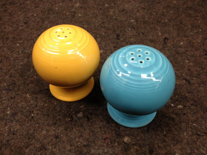 Fiestaware salt and pepper shakers in the museum's collection, made by Homer-Laughlin China Company, West Virginia; 1936-1960s