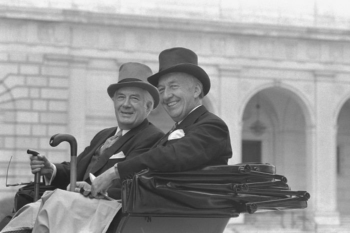 Warren Burger and S. Dillon Ripley in top hats and morning coats in carriage