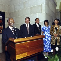 South African Deputy President Thabo Mbeki, makes brief comments at the U.S. - South Africa Binational Commission meeting reception July 1997. At his right are: U.S. Vice President Al Gore, South Africa Ambassador Franklin Sonn, Mrs. Sonn, and National Museum of African Art Director Rosyln Walker.