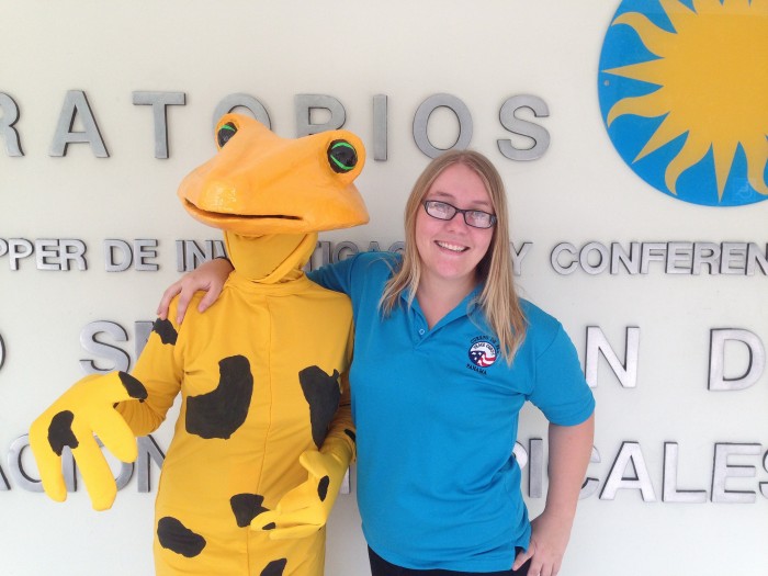 Project volunteer Dara Wilson (in costume) and Peace Corps volunteer Hanna Arney celebrate Golden Frog Day in style. (Photo by Brian Gratwicke)