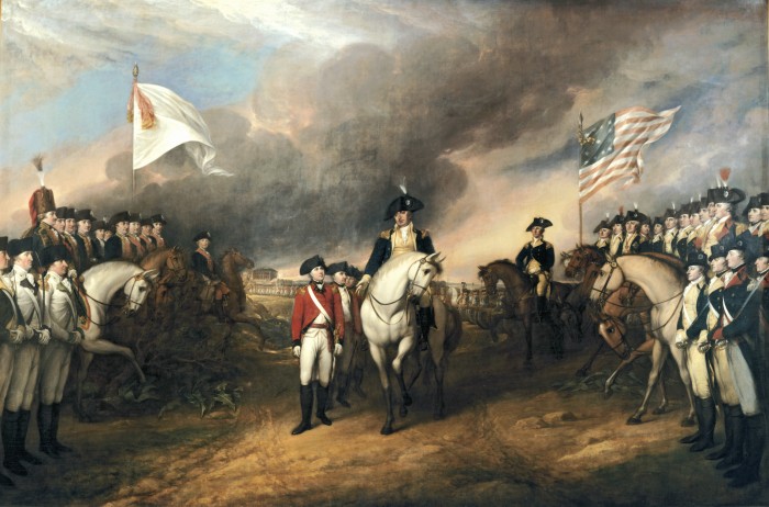 This painting by John Trumbull depicts the forces of British Major General Charles Cornwallis, 1st Marquess Cornwallis (1738-1805) (who was not himself present at the surrender), surrendering to French and American forces after the Siege of Yorktown (September 28 – October 19, 1781) during the American Revolutionary War. The United States government commissioned Trumbull to paint patriotic paintings, including this one, in 1817.