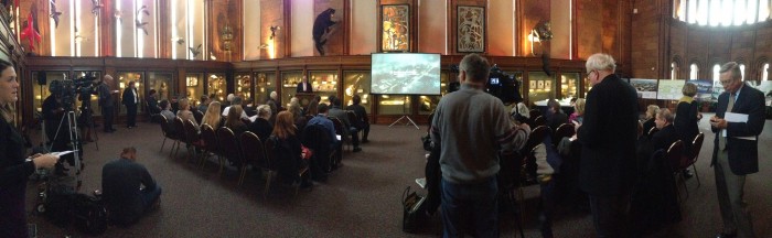 Media gathered in the Commons for the press conference announcing the South Mall Master Plan Nov. 13, 2014. (Photo by Carolyn Martin)